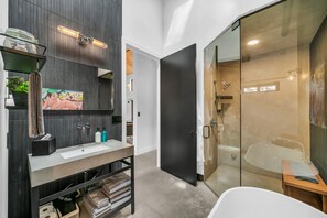 Zion Canyon Casita #2 | Bathroom | Hair dryer, bathrobes, towels, soap - Canyon Casitas at Zion (Springdale)