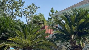 A pool area with palm trees, a rocky shoreline, and a building in the background. - 2BR Condo | mins to Beach & Sports Complex (Gulf Shores)