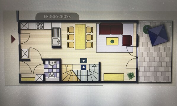 A floor plan of a hotel room with a kitchenette, a dining area, a bathroom, and a small balcony. - Ferienhaus Nordsee-koje mit Meerblick, Strandkorb, Kamin, Sauna (Wangerland)