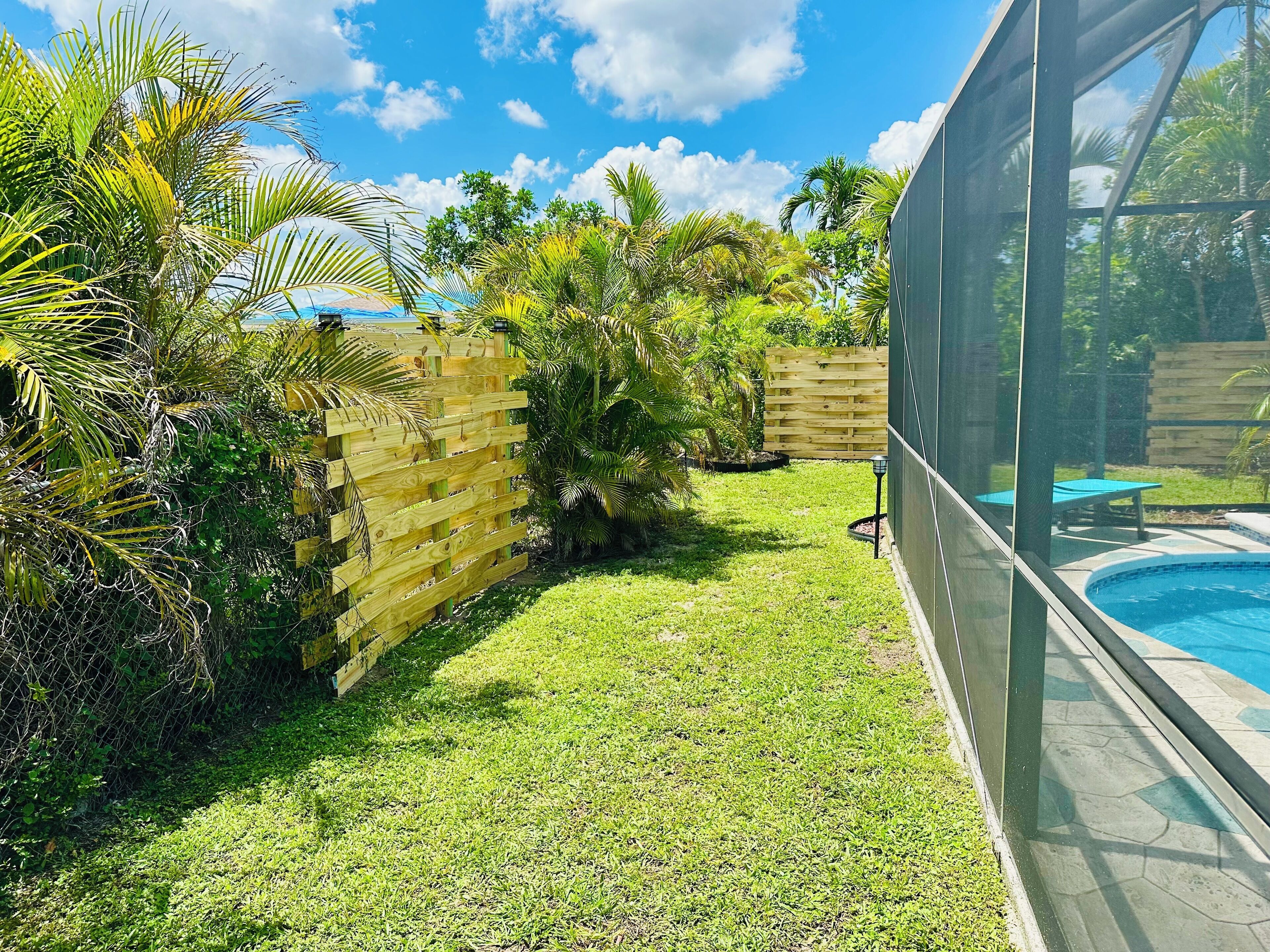 A backyard with a pool, wooden fence, and various tropical plants.