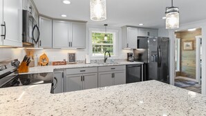 A modern kitchen with granite countertops, stainless steel appliances, and pendant lighting. - NEW LISTING- Riverfront / Unique / Perfect location/ Private  (Lakeview)