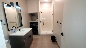 Hair dryer, towels, soap, toilet paper