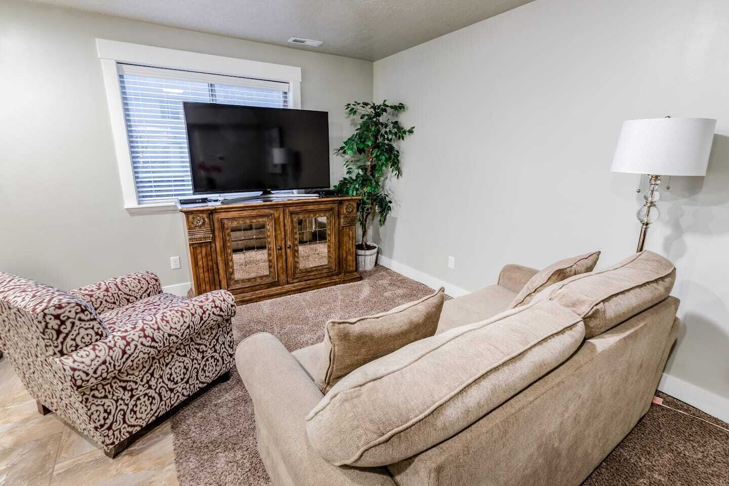 A living room with a patterned sofa, a beige sofa, a wooden cabinet, a television, and a potted plant.