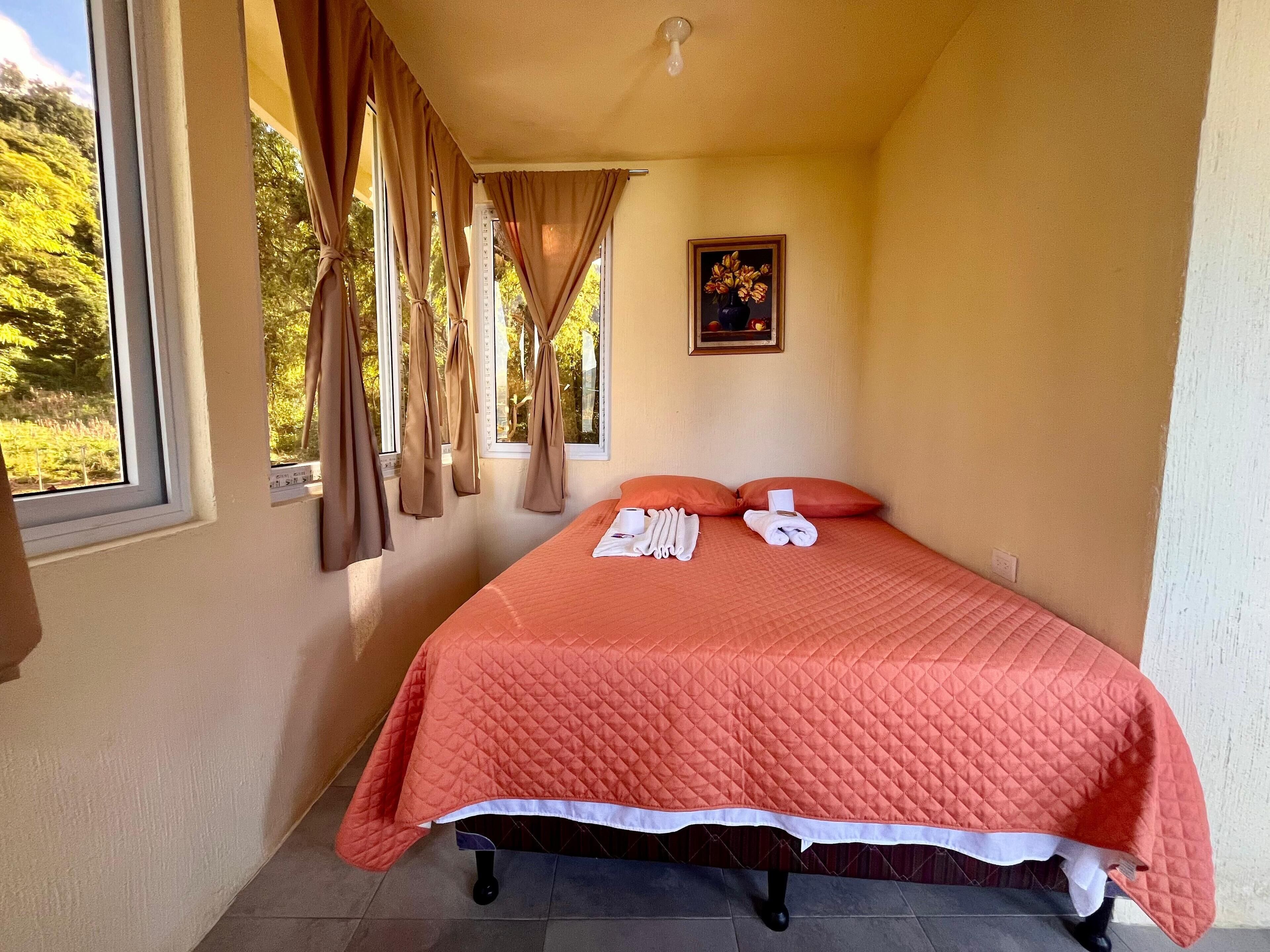 A bedroom with a bed, curtains, a painting, and a window.