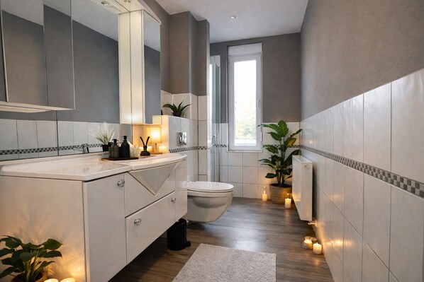 Shower, hair dryer, towels, soap