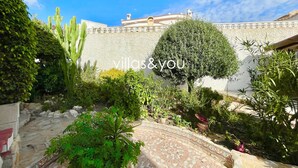 A courtyard with a tiled floor, cacti, and a wall with a decorative pattern.