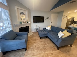 TV, fireplace, books