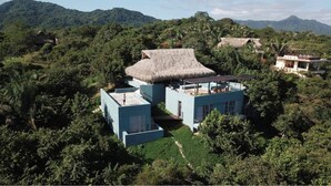 Un bâtiment moderne doté d’un toit de chaume, entouré d’une végétation luxuriante et de collines.