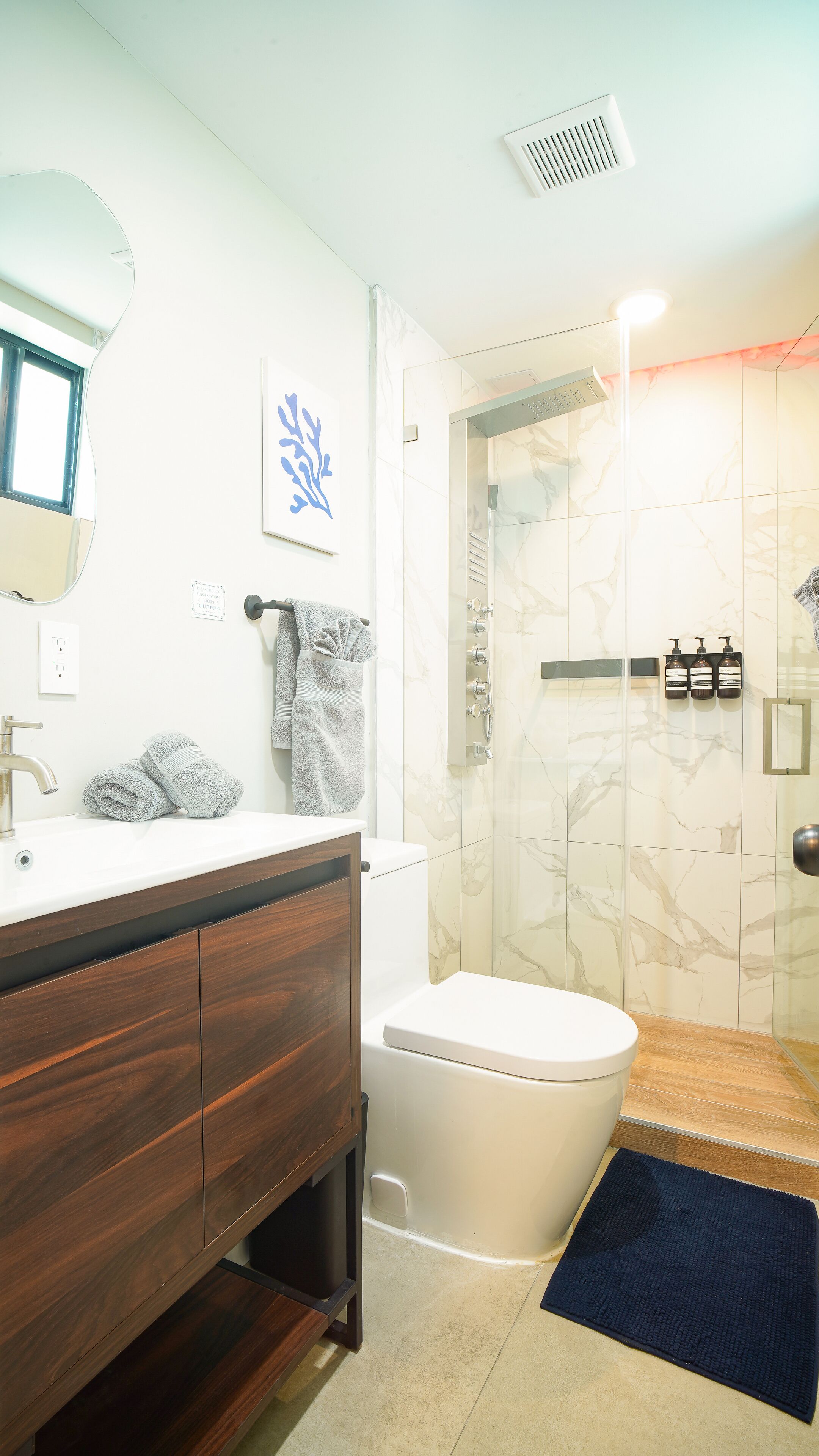 City Apartment | Bathroom | Shower, hydromassage showerhead, hair dryer, towels