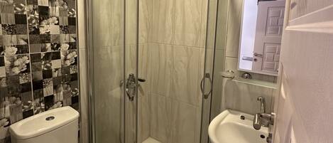 Un baño con inodoro, ducha de vidrio y lavamanos.