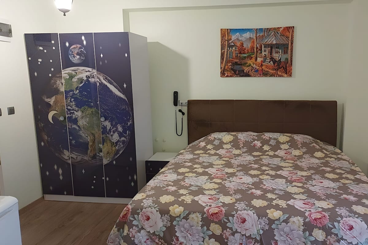 A bedroom with a bed, a wardrobe, a painting, and a telephone.