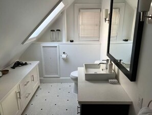 Hair dryer, towels, soap, toilet paper