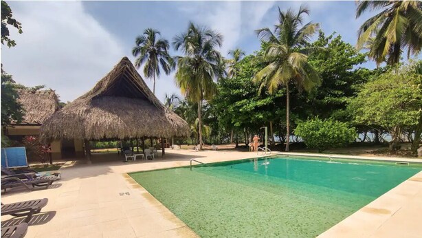 A pool area with lounge chairs, a thatched-roof hut, and palm trees. - Amazing & Eco-friendly Beach house (Palomino)