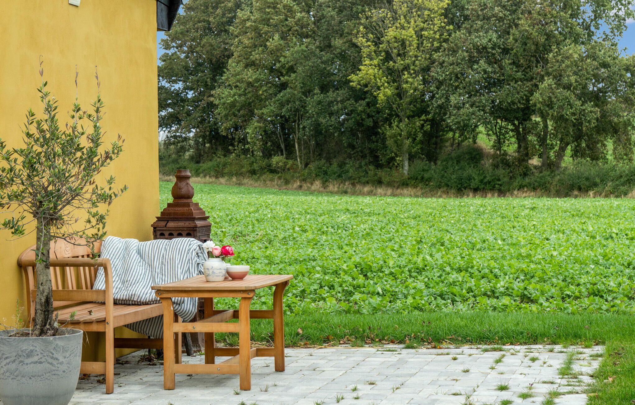 Un espace extérieur aménagé avec un banc et une table, entouré d’un champ herbeux et d’arbres.