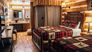 A rustic room with a wooden bed, a desk, and a mirror. - Farm House Room #10 S (Satin)