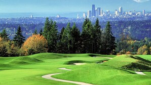 A golf course with a city skyline in the background. - 3Bd, 1 bath - Centrally located 15min Airport/Bellevue/Seattle/TopGolf/Hiking (Renton)