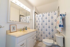 Hair dryer, towels, soap, shampoo
