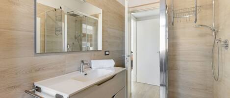 Shower, hair dryer, bidet, towels