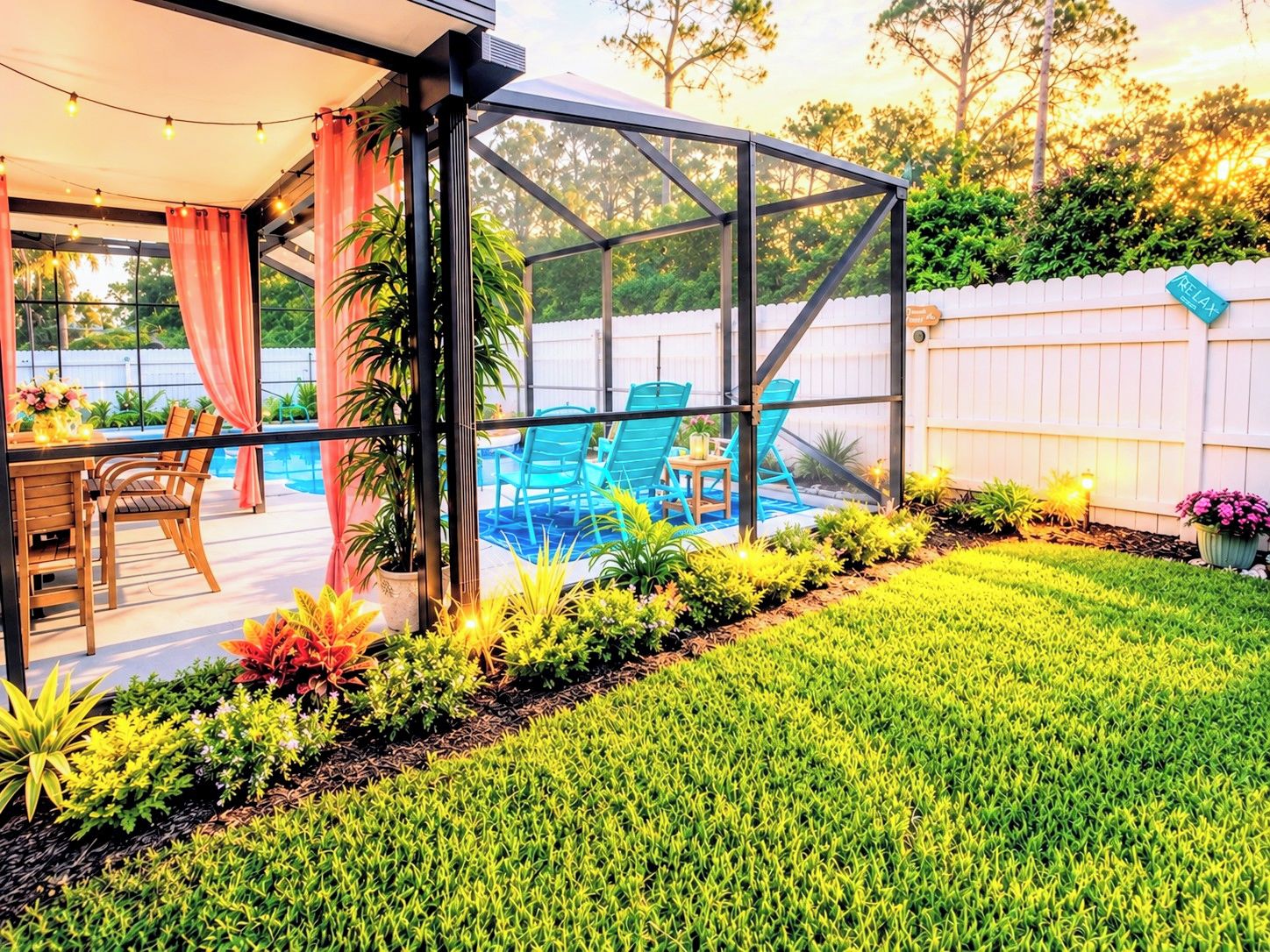Un patio couvert avec une piscine, des sièges d’extérieur et une pelouse bien entretenue.