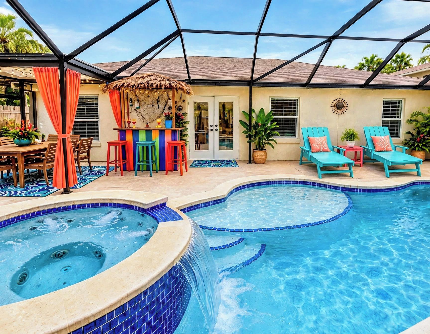A swimming pool with a hot tub, outdoor seating, and a covered patio area.