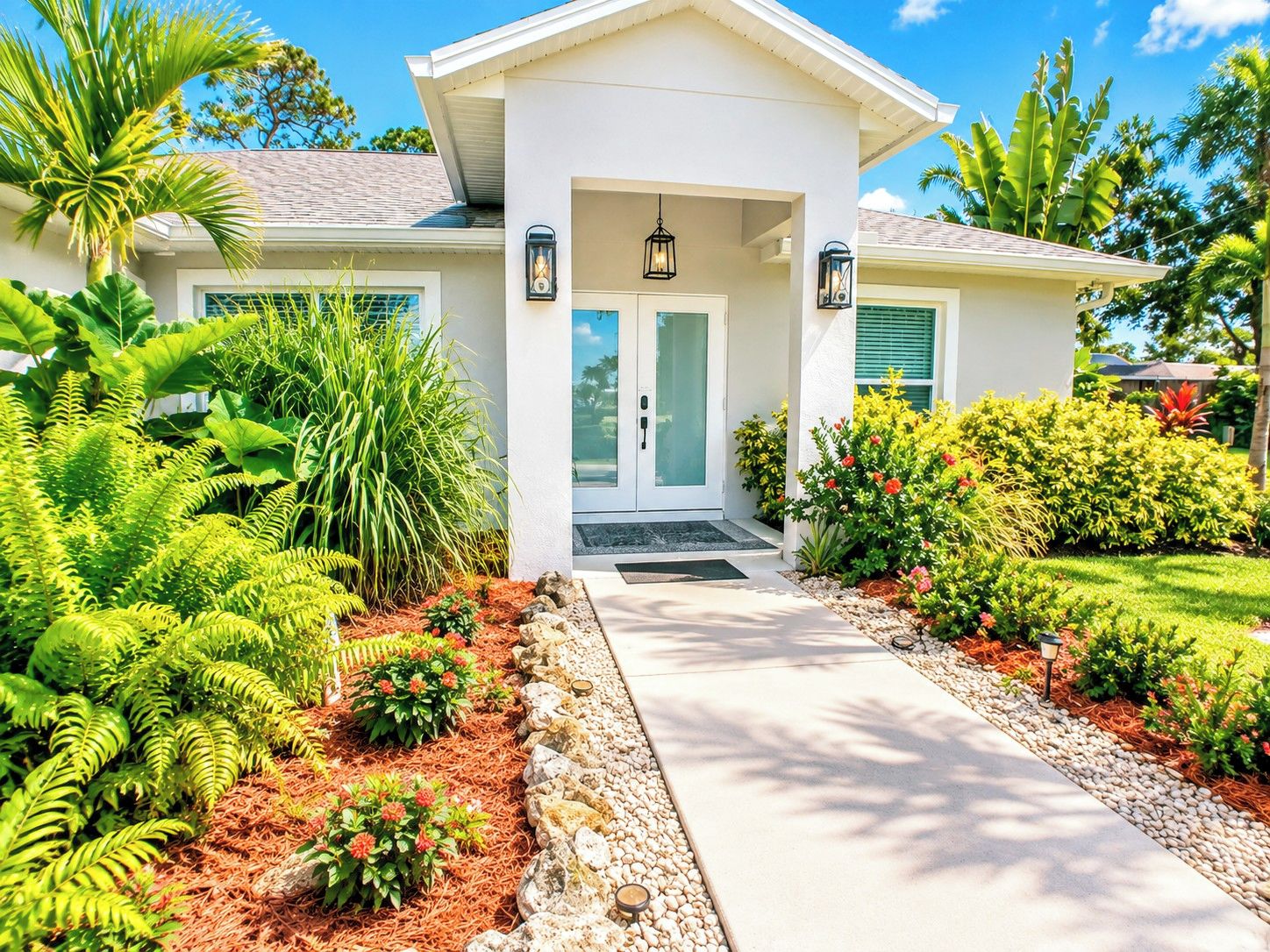 A modern house with a front porch, a clear sky, and lush tropical landscaping.