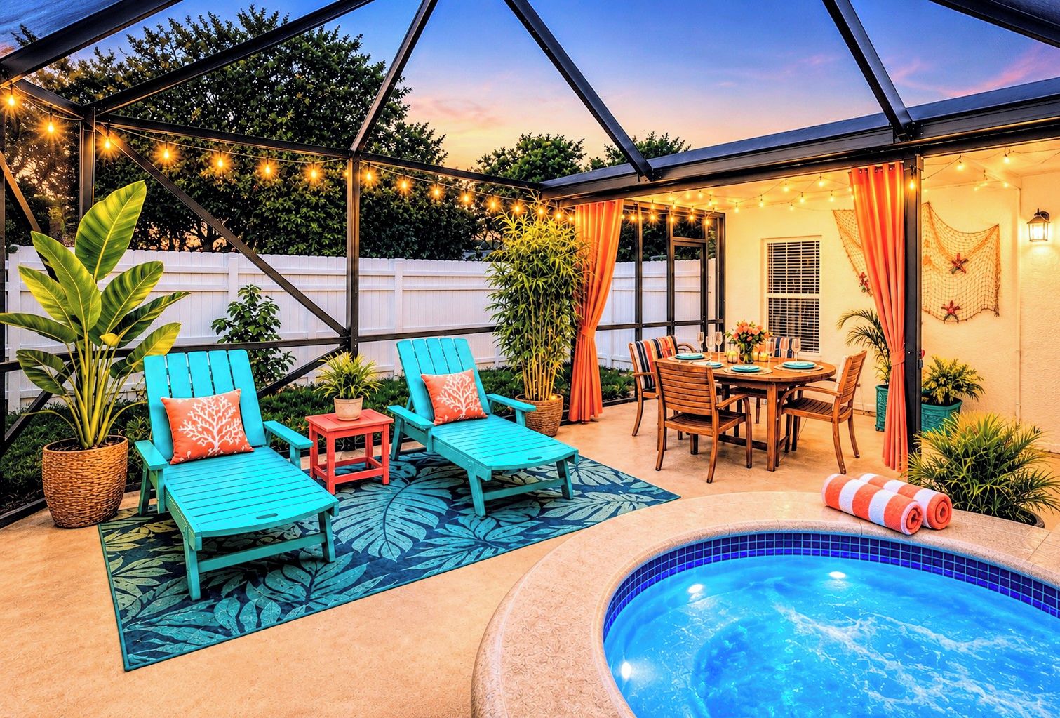 Une terrasse extérieure avec une piscine, un espace salon et des guirlandes lumineuses.