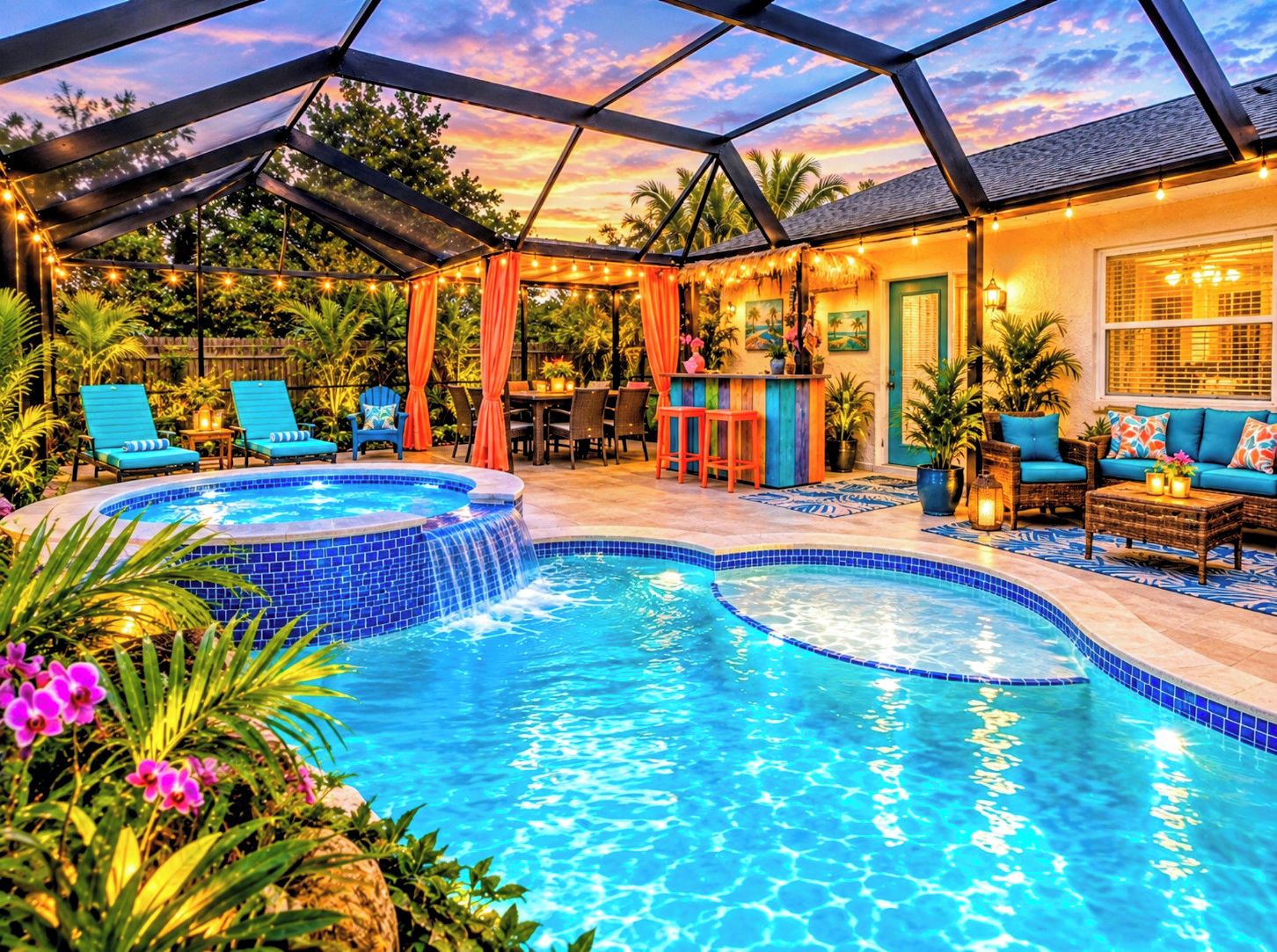 Ein Poolbereich mit Whirlpool, Liegestühlen und einer Bar.
