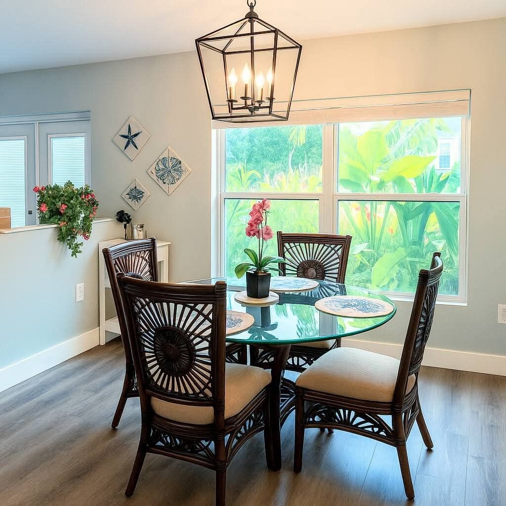 Un comedor con una mesa redonda de cristal, cuatro sillas de madera oscura con asientos acolchados, una lámpara colgante y una ventana con vistas a zonas verdes.