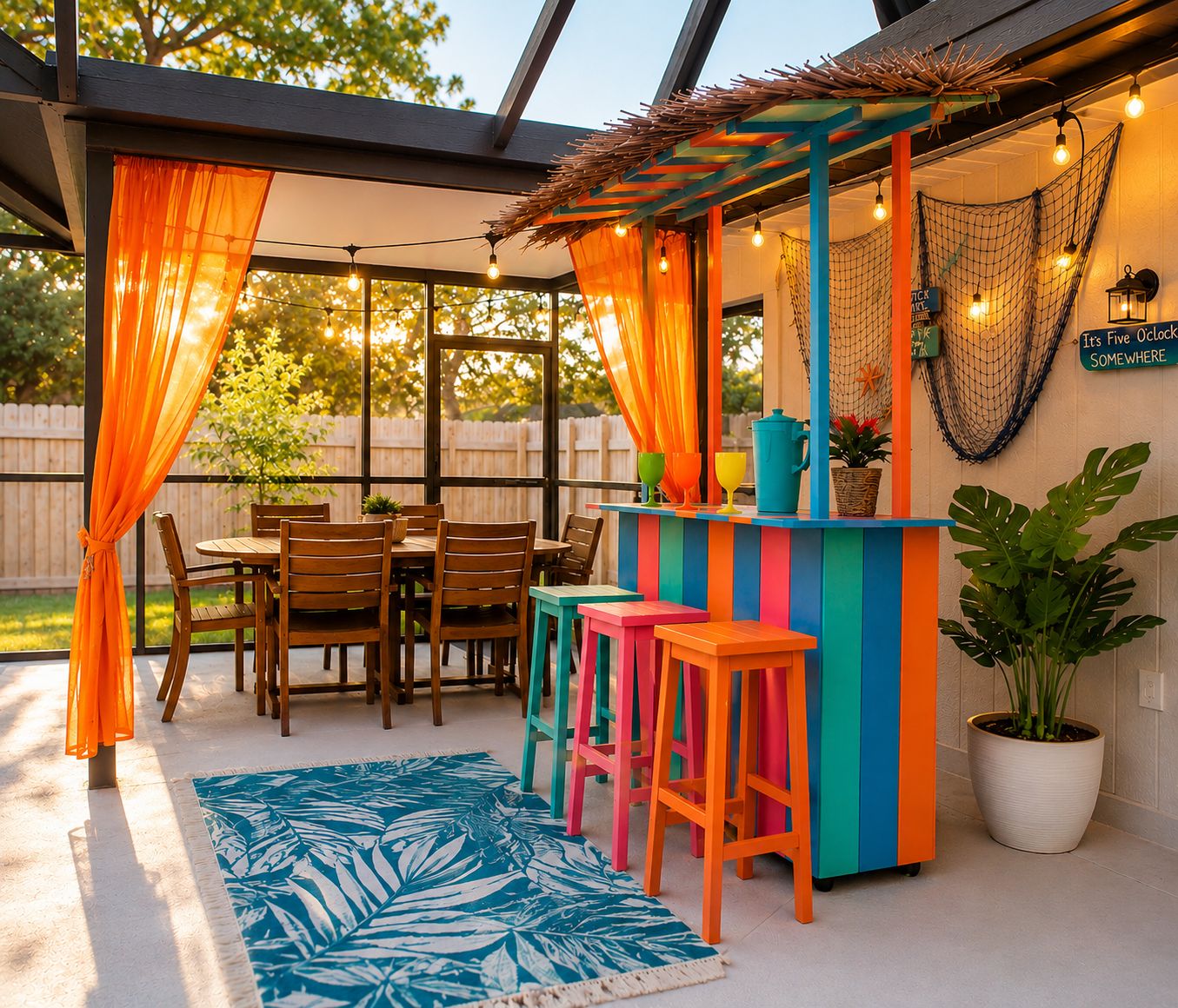 An outdoor patio with a wooden table and chairs, a colorful bar area, and a potted plant.