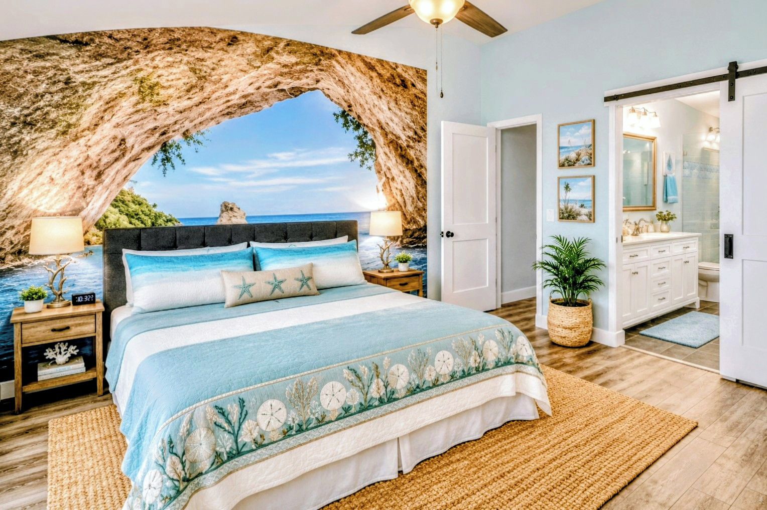 A bedroom with a large bed, a nightstand, a lamp, a wall mural of a beach, a door, and a bathroom visible through an open door.