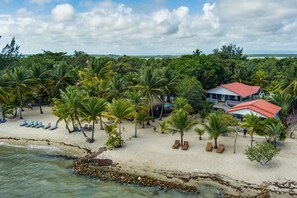 Une propriété située en bord de mer, avec un bâtiment à toit rouge, des palmiers et des chaises de plage.