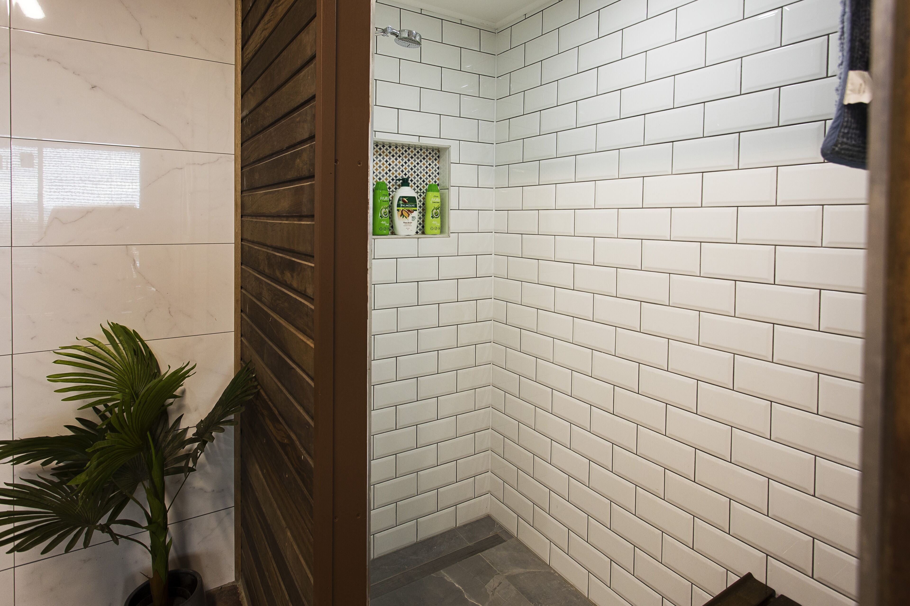 Een badkamer met witte betegeling, een kamerplant en een douchehoek.