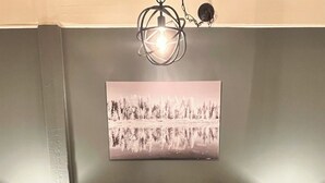 A bedroom with a large bed, two bedside lamps, a wall-mounted light fixture, and a framed picture of a snowy landscape.
