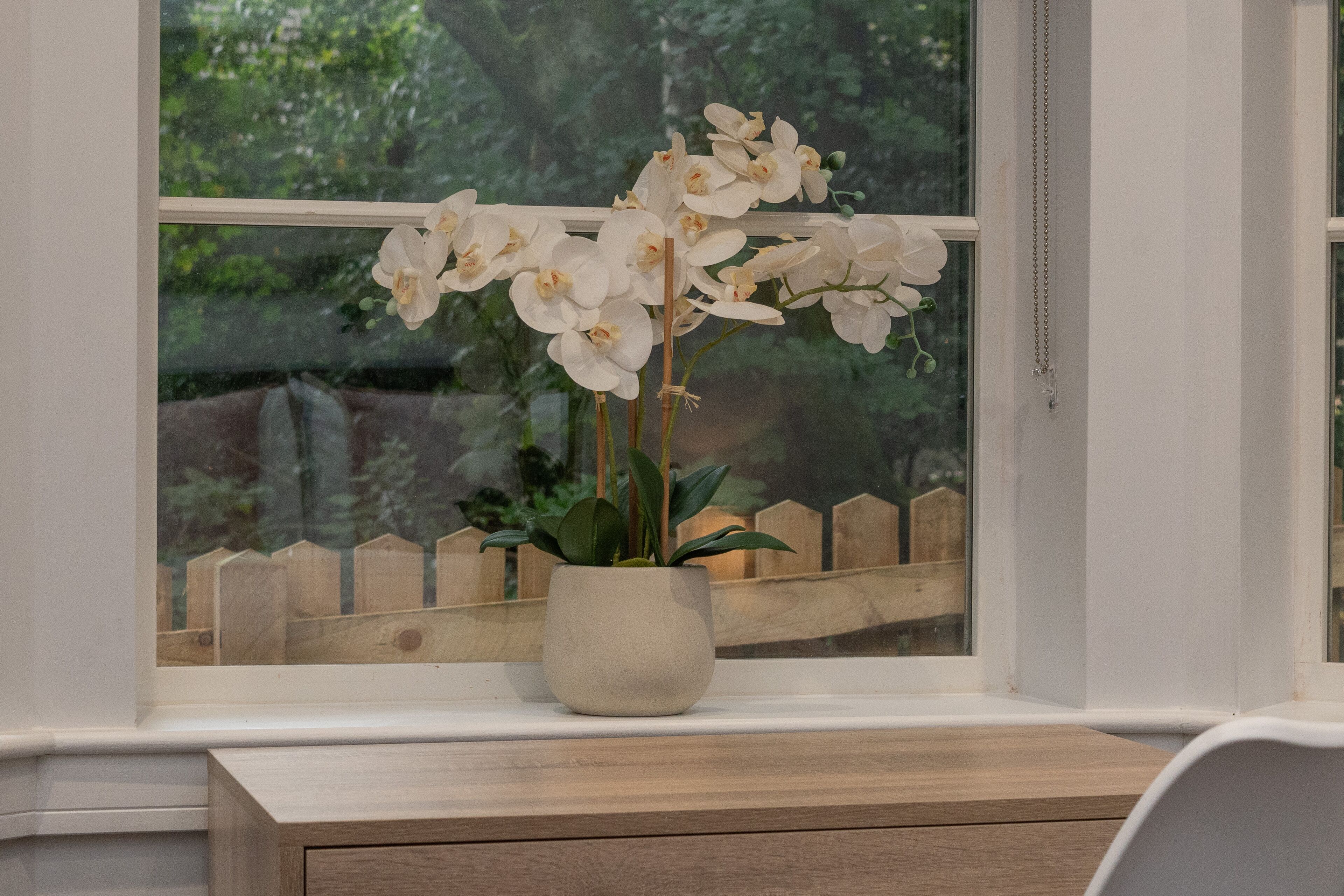 Un rebord de fenêtre orné d’une orchidée en pot.