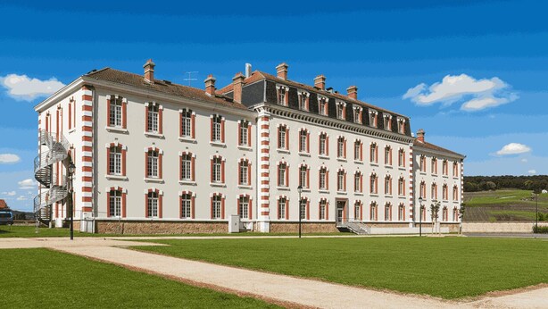 A large, historic building with a symmetrical facade, multiple windows, and a central staircase. - Value Studio: Cozy, Kitchenette, Free Wi-Fi (Epernay)