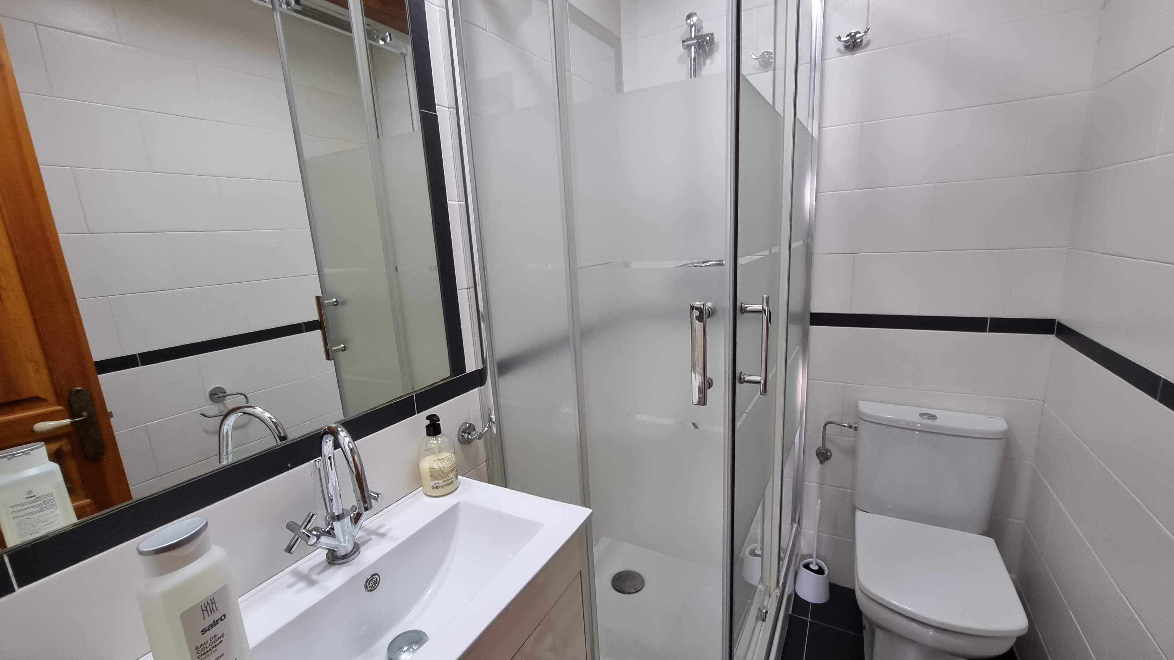 Ein modernes Badezimmer mit einer Duschkabine, einem weißen Waschbecken mit Spiegel und einer Toilette.