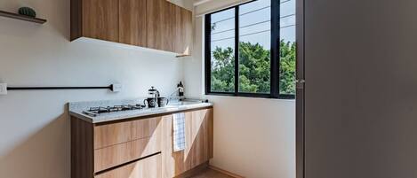 Fridge, microwave, stovetop, coffee/tea maker