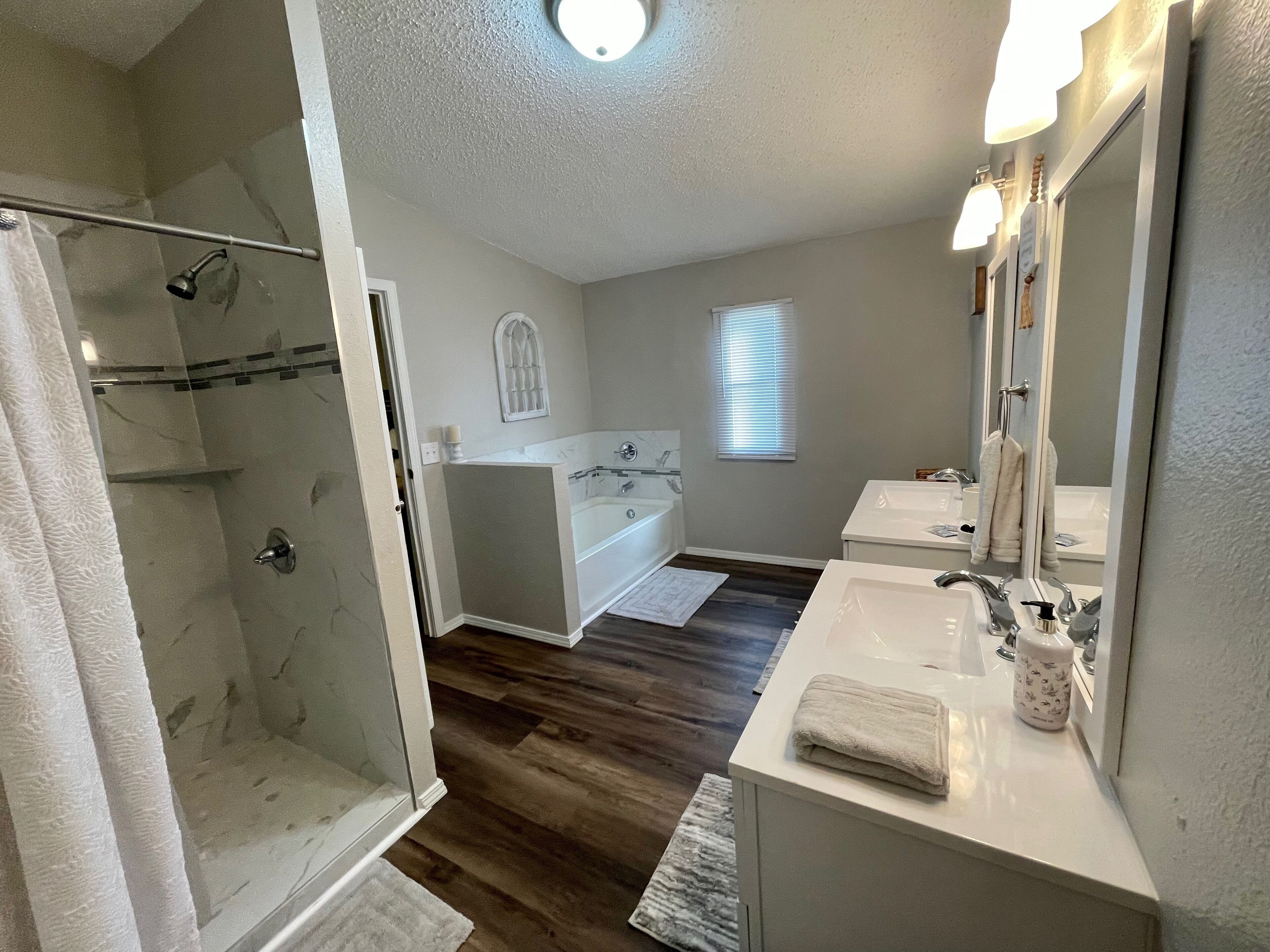 Hair dryer, towels, soap, shampoo