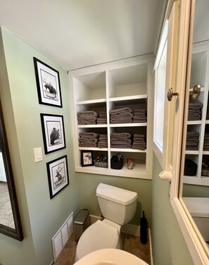 Hair dryer, towels, soap, shampoo