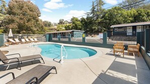 A swimming pool with lounge chairs and a small building, surrounded by trees. - The Belle Sequoia Motel RM9 (Three Rivers)