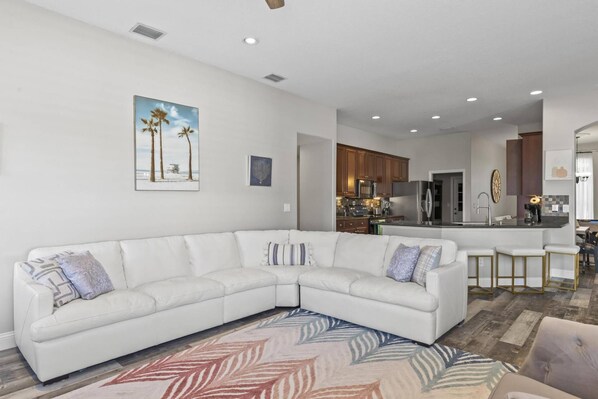Smart TV, fireplace, books, printers