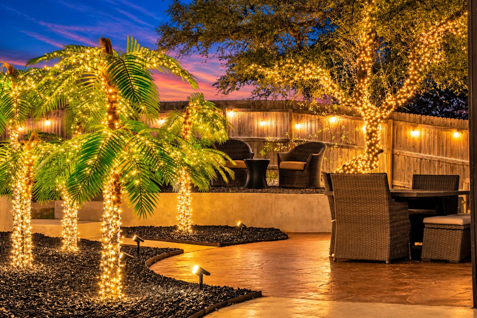 An outdoor patio area with palm trees, wicker furniture, and string lights.