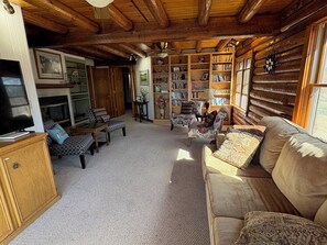 TV, fireplace, DVD player, books