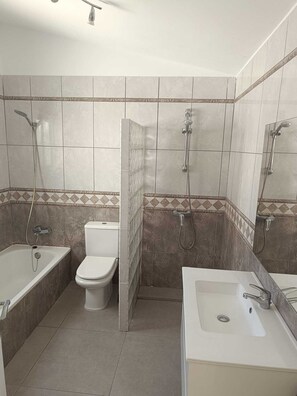 Shower, hair dryer, towels, toilet paper