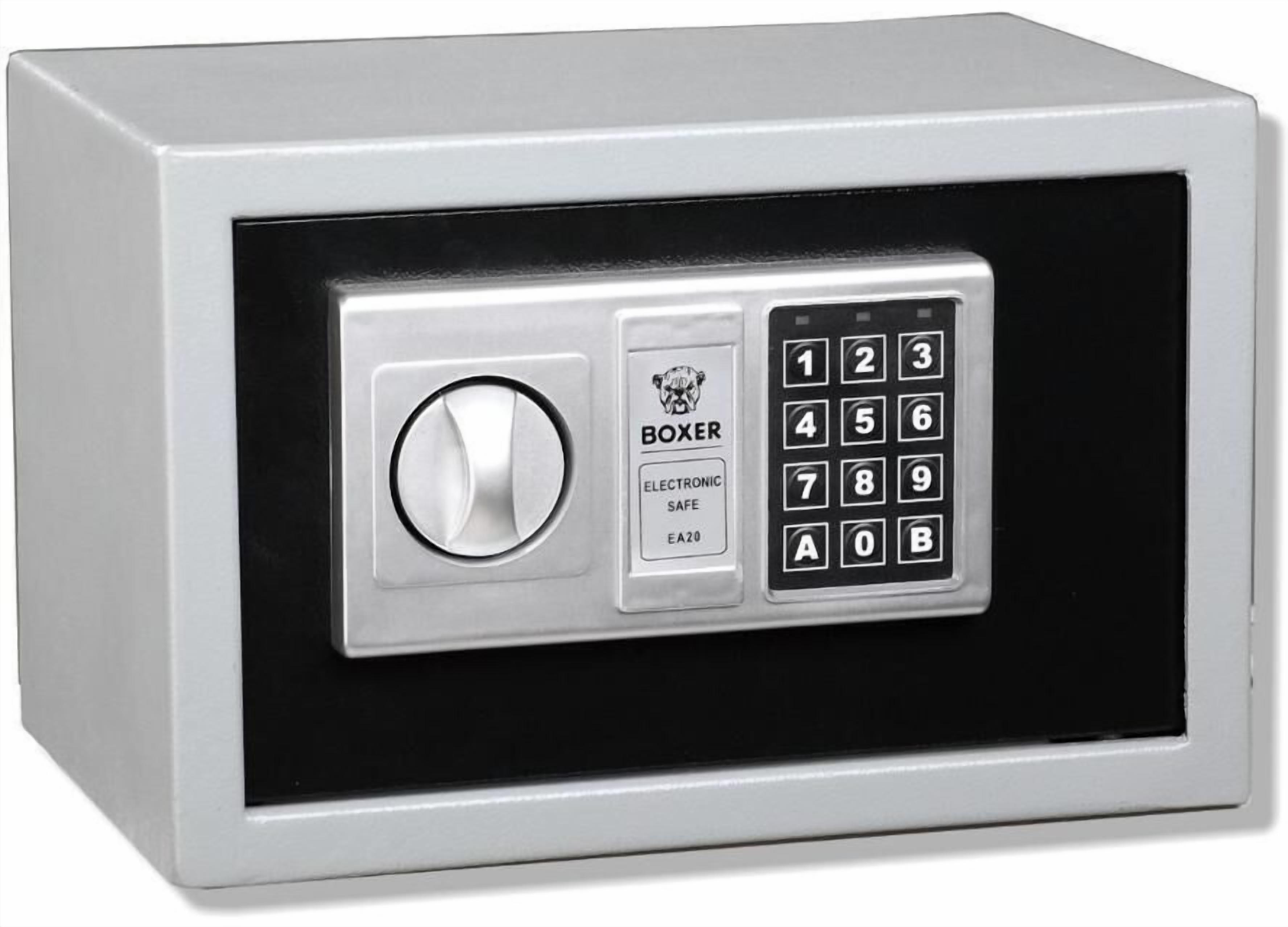Una caja fuerte electrónica plateada con teclado y dial de combinación.
