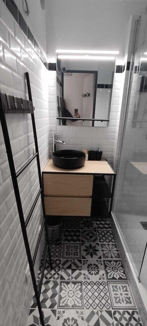Regadera, secadora de cabello, papel de baño 