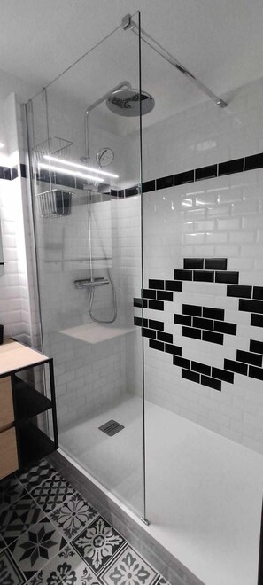 Regadera, secadora de cabello, papel de baño