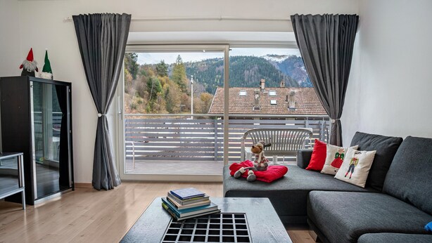Een woonkamer met een bank, een tafel met boeken, een kast en uitzicht op een balkon met een hekwerk.