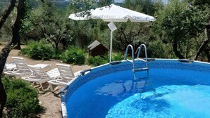 A swimming pool with a ladder, surrounded by lounge chairs and an umbrella. - Farmhouse 'Il Pintello - Lo Scricciolo' with Shared Pool, Wi-Fi and Air Conditioning (San Casciano VP)