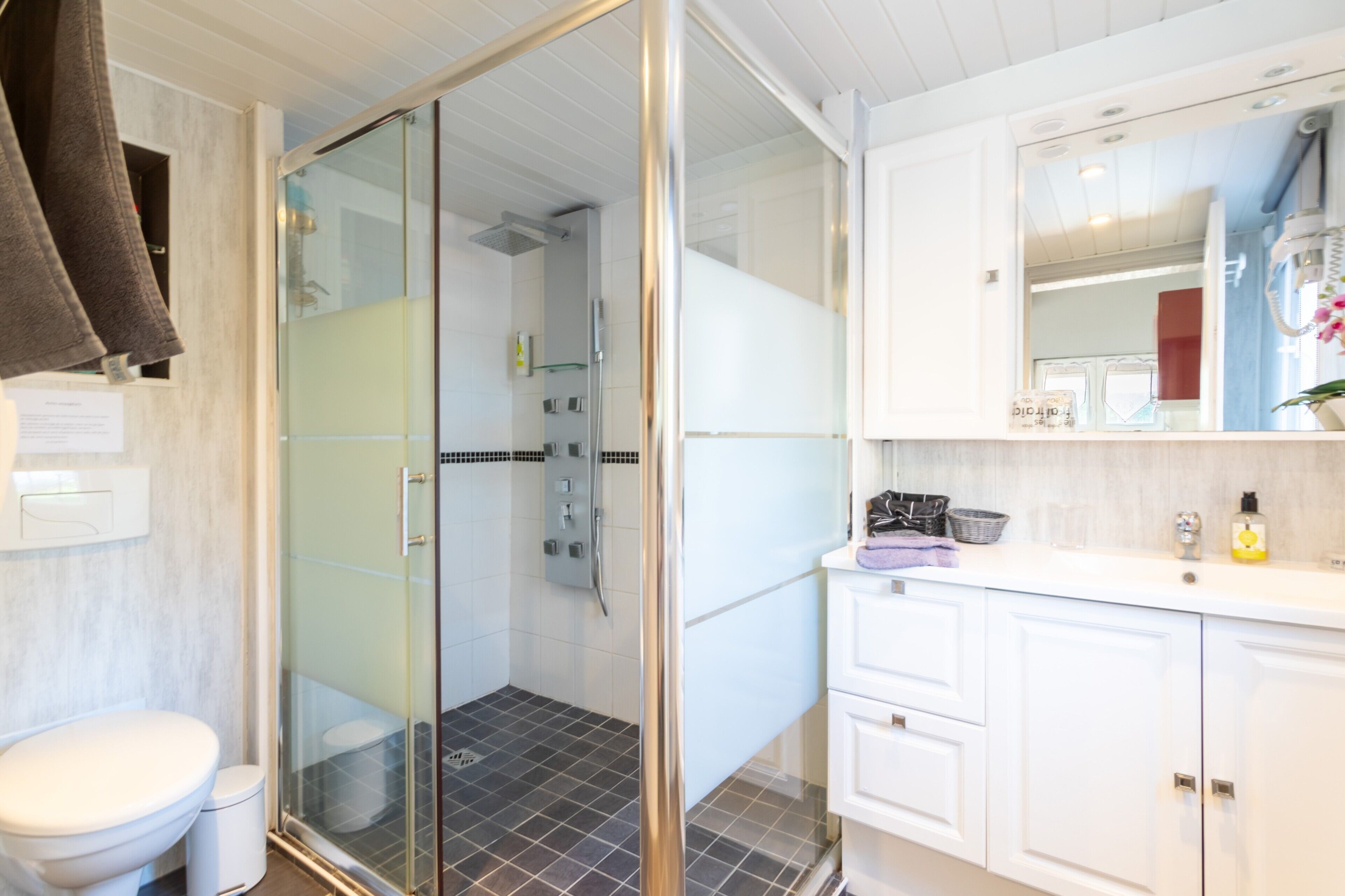 Shower, free toiletries, hair dryer, towels